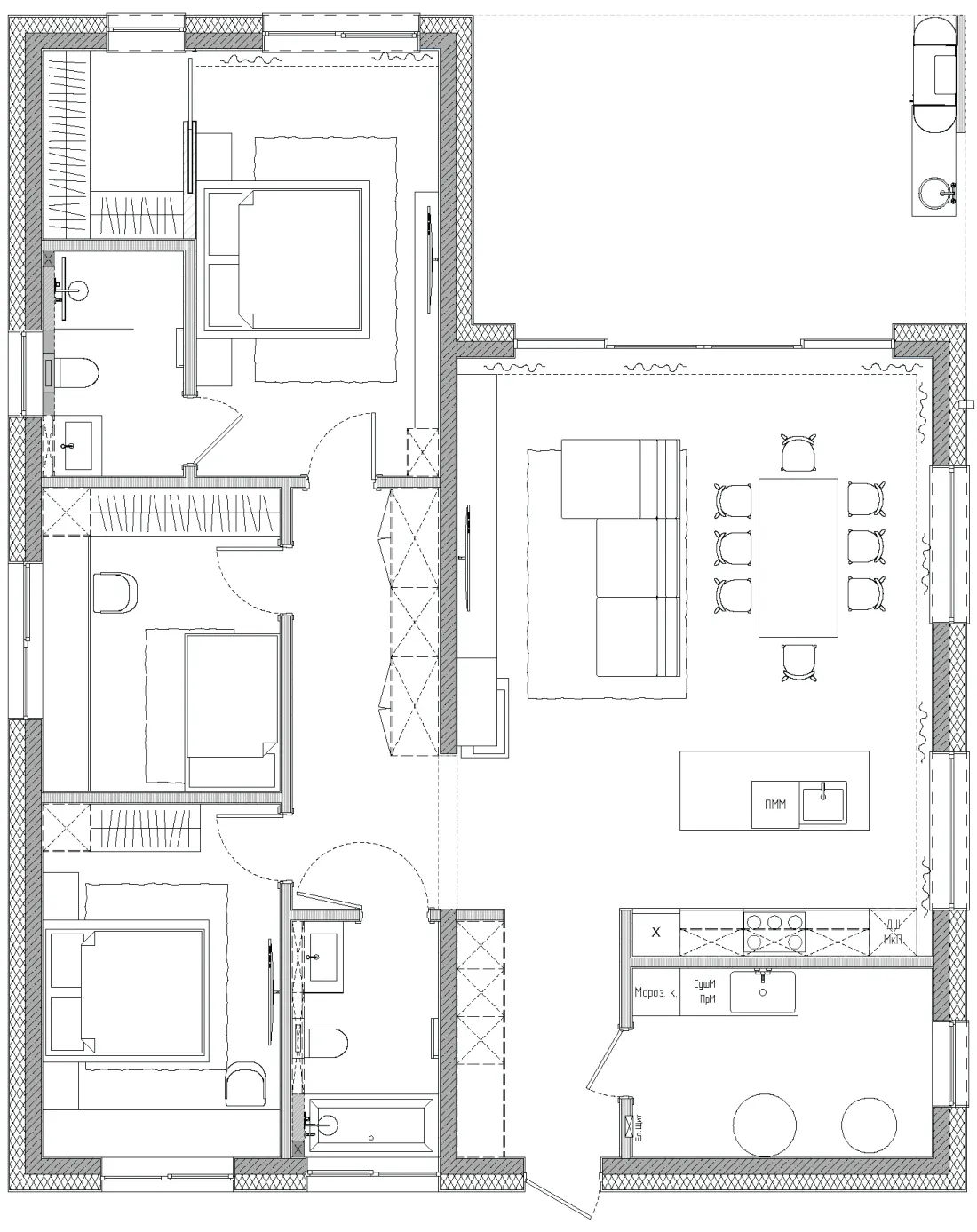 Планування Terra з кухнею-вітальнею 45,02 м², трьома спальнями, двома санвузлами, гардеробною і терасою